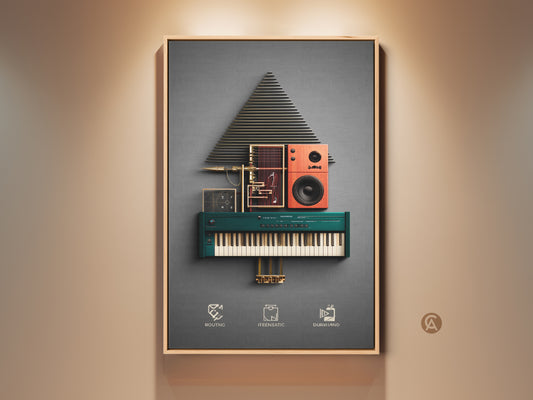 Modern geometric art print for music lovers. Abstract music tech synthesizer art in teal orange and gold.  A unique gift for musicians for their studio or office. This piece adds a touch of contemporary style. It is a sophisticated piece for any creative space.