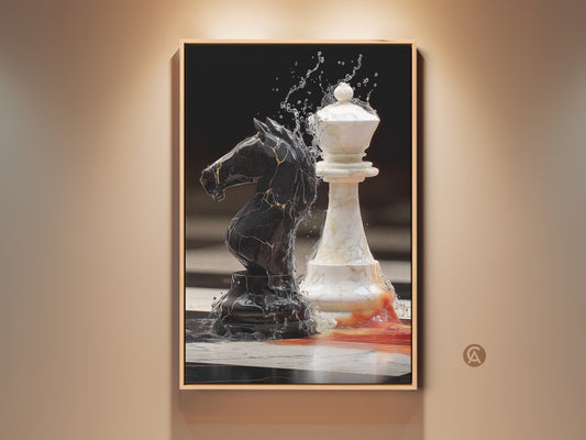 Modern art print showcasing a black knight and white queen chess piece. This abstract chess wall art captures a surreal splash effect. This black white and red canvas is perfect as office decor or a gift for a strategist.