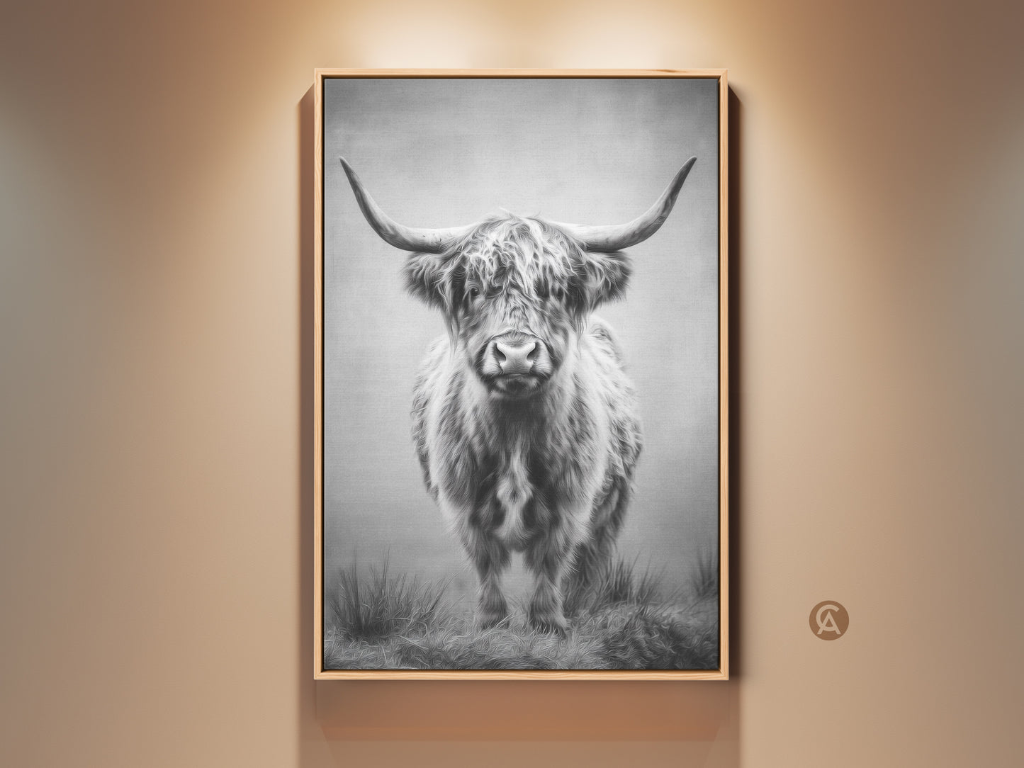 Framed monochrome Highland cow art brings rustic charm. The farmhouse bull canvas print is perfect for bedroom artwork. This wildlife wall decor piece enhances country living decor in neutral tones.