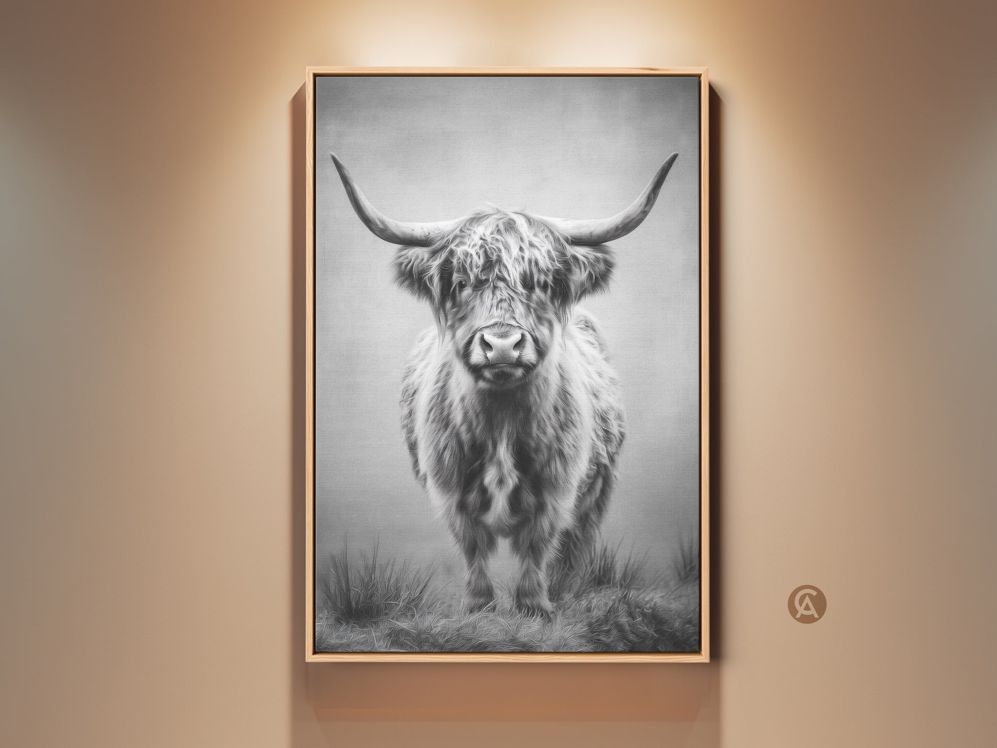 Framed monochrome Highland cow art brings rustic charm. The farmhouse bull canvas print is perfect for bedroom artwork. This wildlife wall decor piece enhances country living decor in neutral tones.