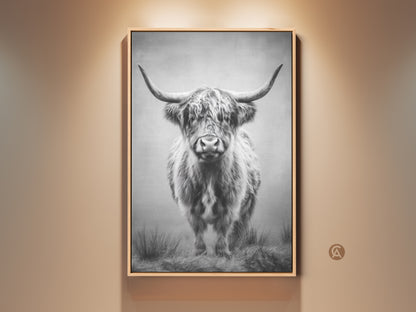 Framed monochrome Highland cow art brings rustic charm. The farmhouse bull canvas print is perfect for bedroom artwork. This wildlife wall decor piece enhances country living decor in neutral tones.