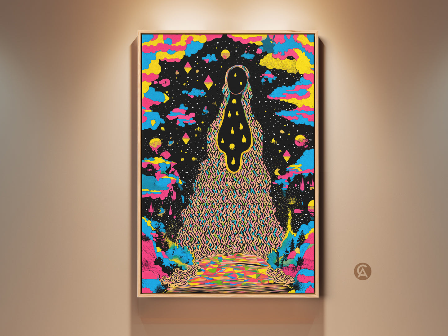 A vibrant piece of surreal cosmic wall art adds an eclectic touch to any room. This psychedelic abstract canvas print features yellow blue and black hues. It's a striking addition to eclectic home decor. Perfect as a birthday gift for the art lover in your life this canvas brings retro psychedelic decor to life with its cosmic landscape artwork.