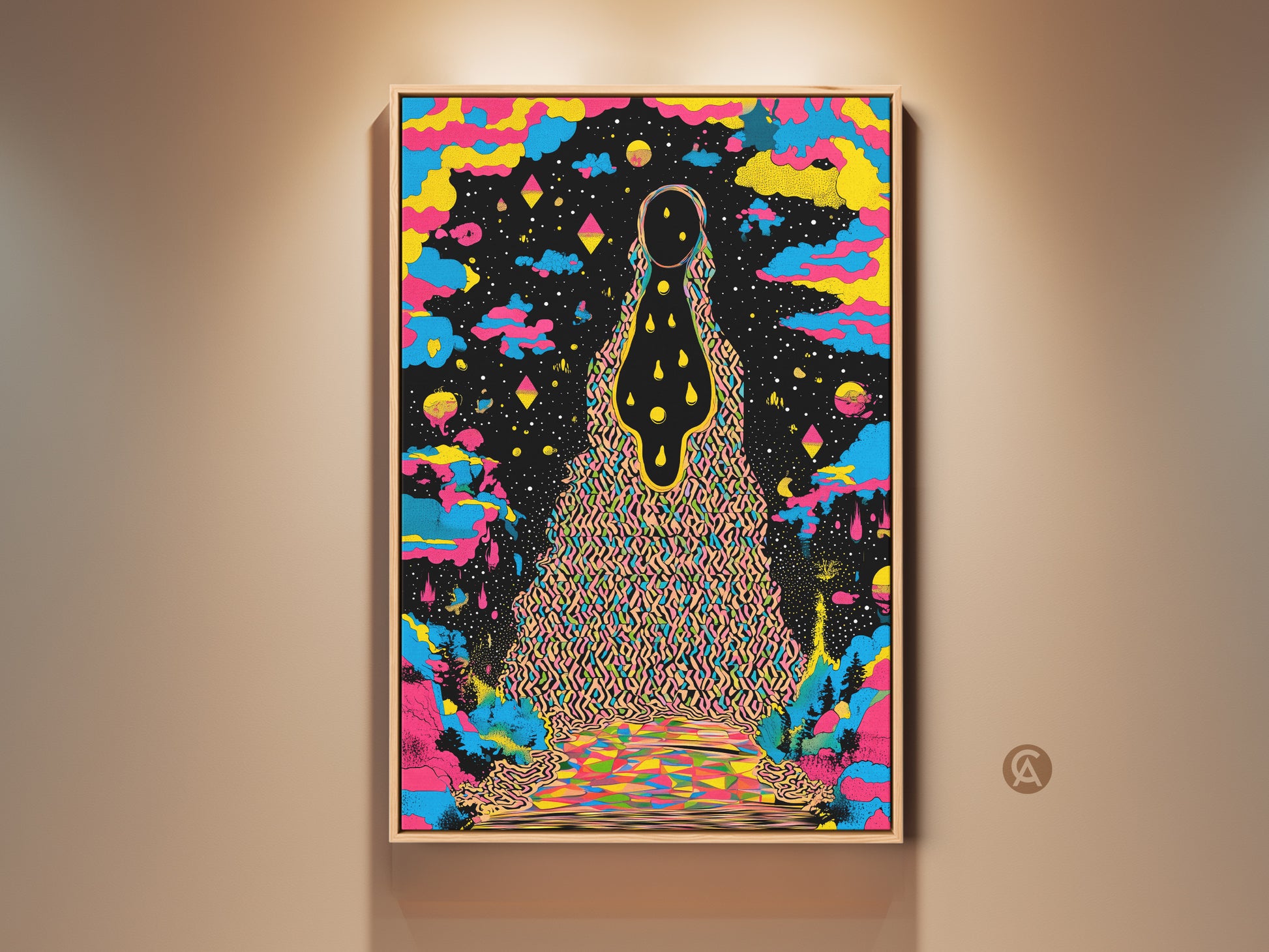 A vibrant piece of surreal cosmic wall art adds an eclectic touch to any room. This psychedelic abstract canvas print features yellow blue and black hues. It's a striking addition to eclectic home decor. Perfect as a birthday gift for the art lover in your life this canvas brings retro psychedelic decor to life with its cosmic landscape artwork.