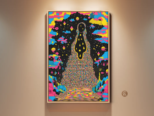 A vibrant piece of surreal cosmic wall art adds an eclectic touch to any room. This psychedelic abstract canvas print features yellow blue and black hues. It's a striking addition to eclectic home decor. Perfect as a birthday gift for the art lover in your life this canvas brings retro psychedelic decor to life with its cosmic landscape artwork.