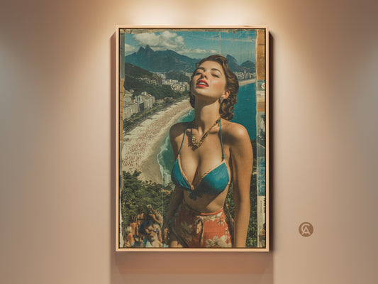 Vintage beach collage art print displayed in a stylish frame. The retro woman travel poster showcases aqua orange and teal coastal wall decor. Perfect for adding a boho touch to any space. This unique piece captures the essence of a summer vacation with its vibrant colors and scenic backdrop.