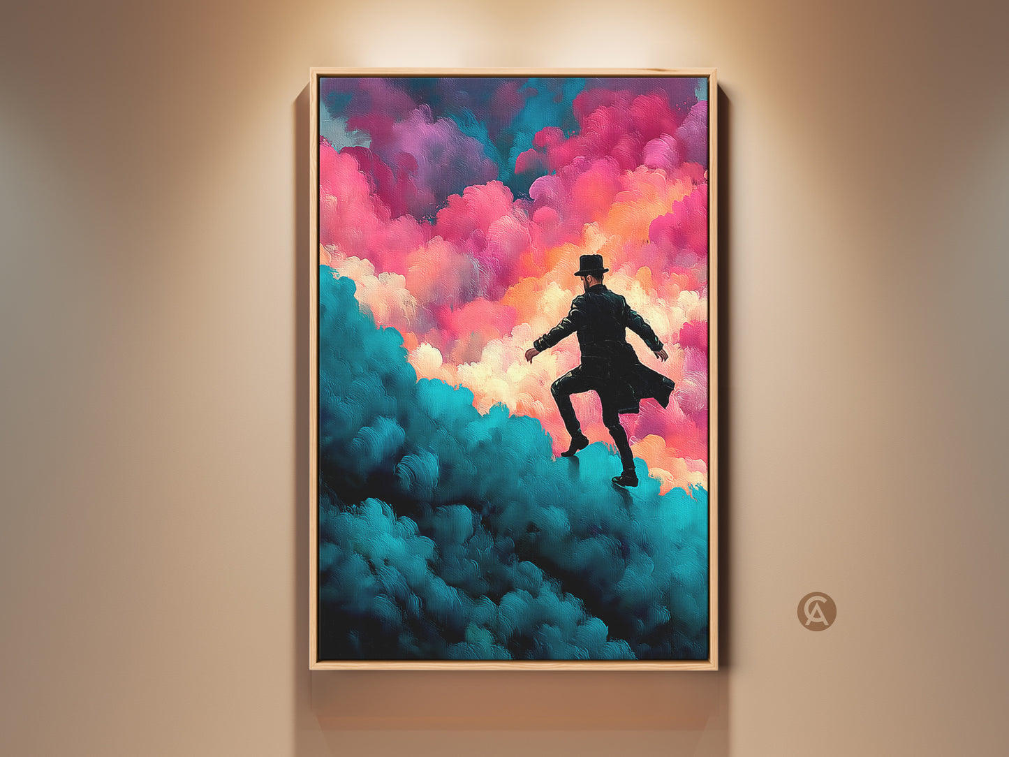 A surreal art print features a man in a hat. He is ascending through expressive clouds. The colors are a striking teal magenta and pink. This artwork embodies expressive and surreal styles. It’s perfect for dreamers and eclectic home decor.