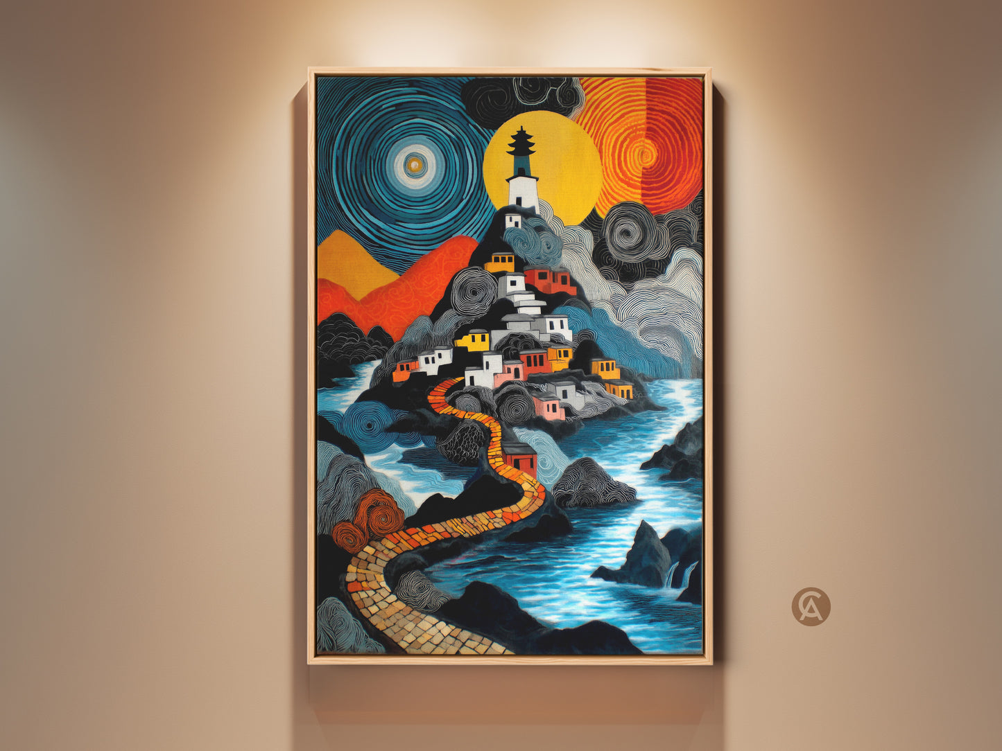 Eclectic naive artwork featuring a lighthouse village by a river is on display. A fantasy landscape unfolds with blue yellow and orange colors. It would be a perfect housewarming gift for travel lovers. The art adds a unique touch to eclectic Bohemian home decor showcasing a whimsical village print.