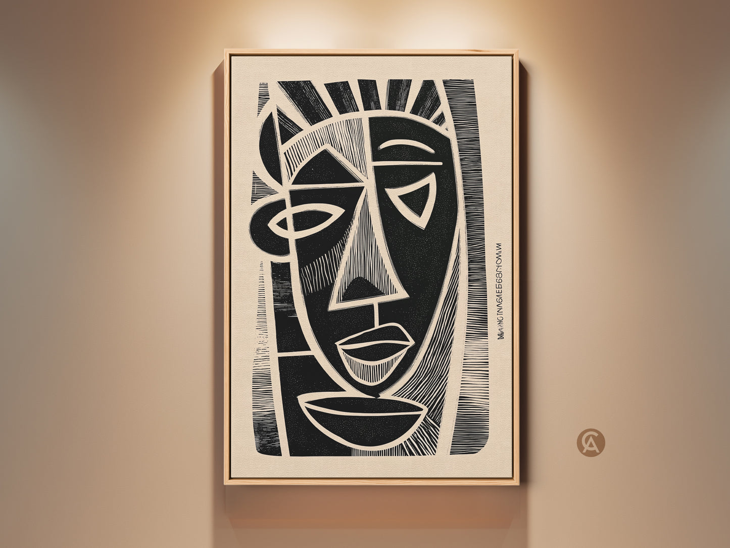 A framed cubist abstract face print hangs on a beige wall. The black and beige linocut wall art adds an eclectic touch. This portrait canvas enhances an entryway or modern home office. It's striking monochrome home decor for art enthusiasts.