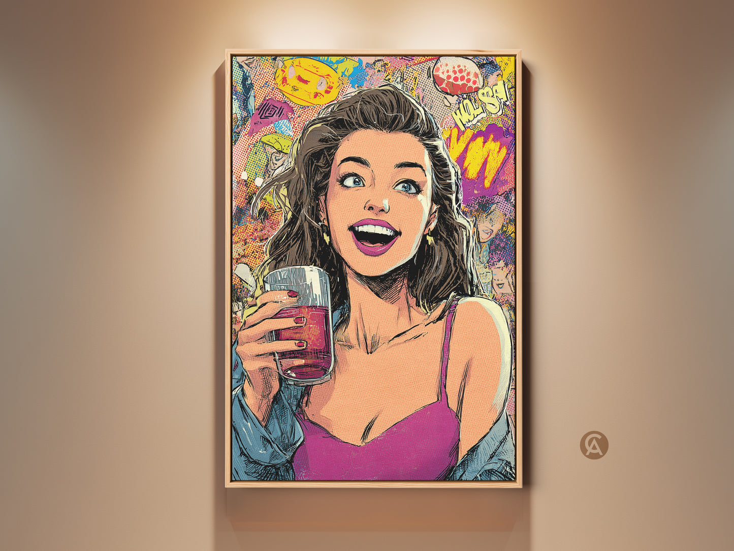 Retro Pop Art print of a woman with a drink. This artwork has comic book style and vibrant colors. Add an eclectic touch to your bedroom decor with this magenta blue and yellow wall art. It is a unique gift for retro lovers
