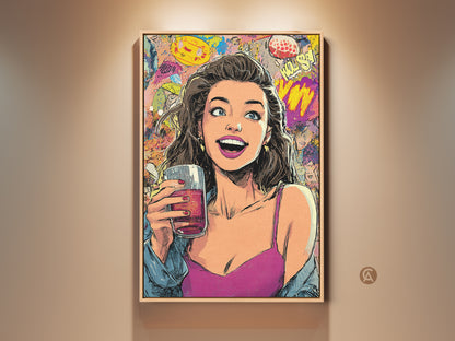 Retro Pop Art print of a woman with a drink. This artwork has comic book style and vibrant colors. Add an eclectic touch to your bedroom decor with this magenta blue and yellow wall art. It is a unique gift for retro lovers