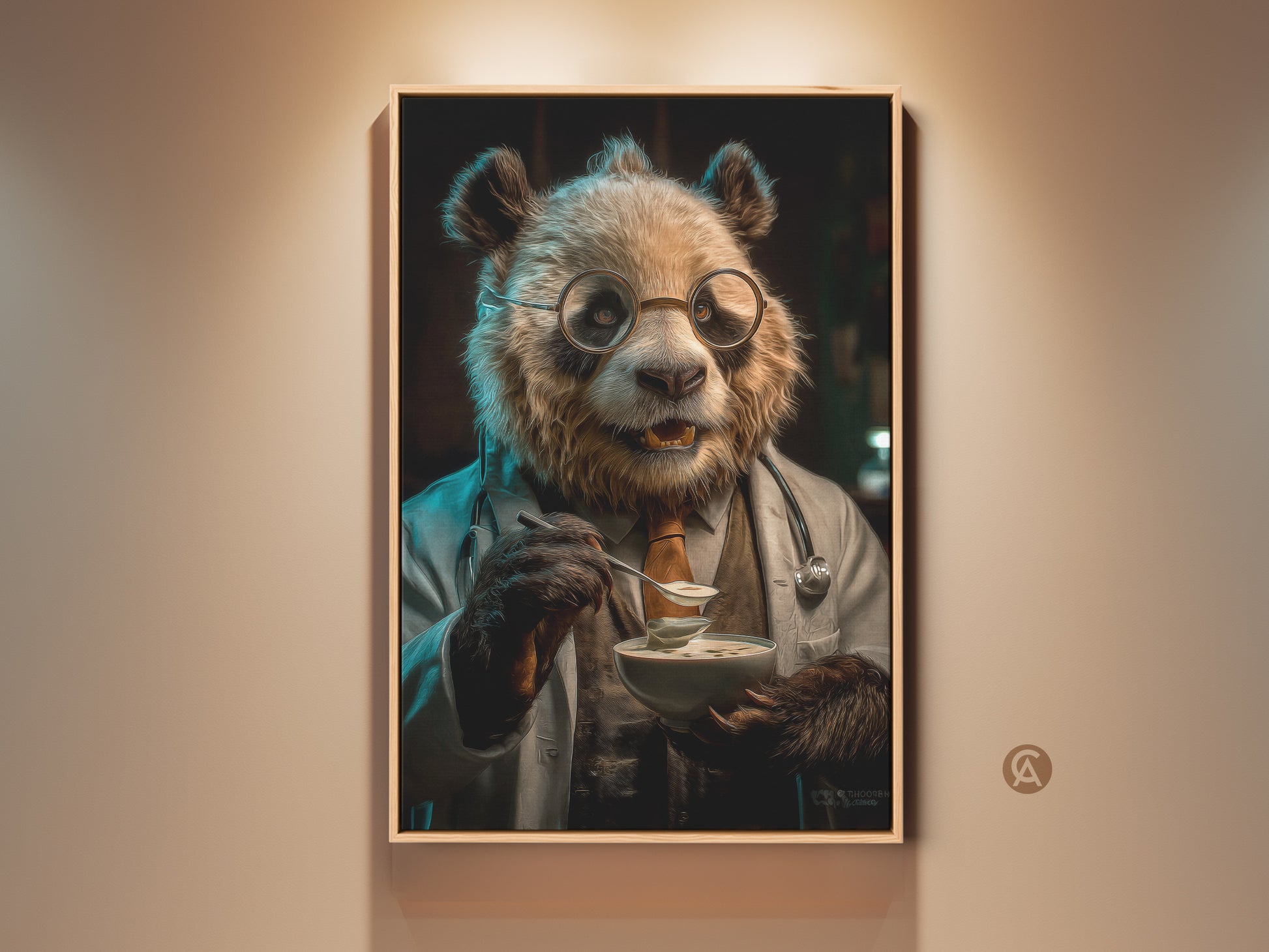 Panda doctor art print is displayed in a room setting. This animal character art features a panda wearing glasses and a doctor's coat. He's enjoying soup. A unique gift for vets or a whimsical addition to office wall decor.