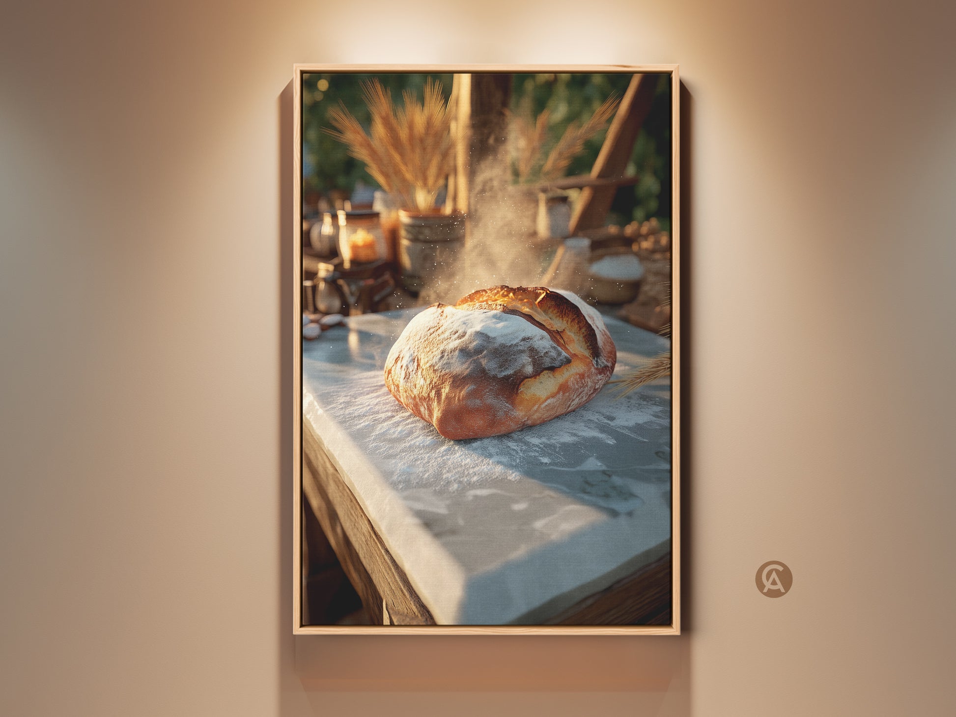 Photorealistic artisan bread art print for kitchen wall decor. Warm golden brown and cream tones evoke farmhouse charm. Perfect for a rustic kitchen or dining space. A beautiful reminder of the craft of baking. Ideal housewarming gift for home bakers seeking culinary inspiration.