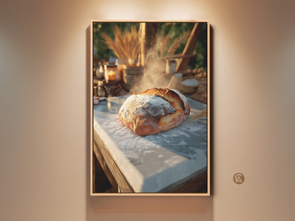 Photorealistic artisan bread art print for kitchen wall decor. Warm golden brown and cream tones evoke farmhouse charm. Perfect for a rustic kitchen or dining space. A beautiful reminder of the craft of baking. Ideal housewarming gift for home bakers seeking culinary inspiration.