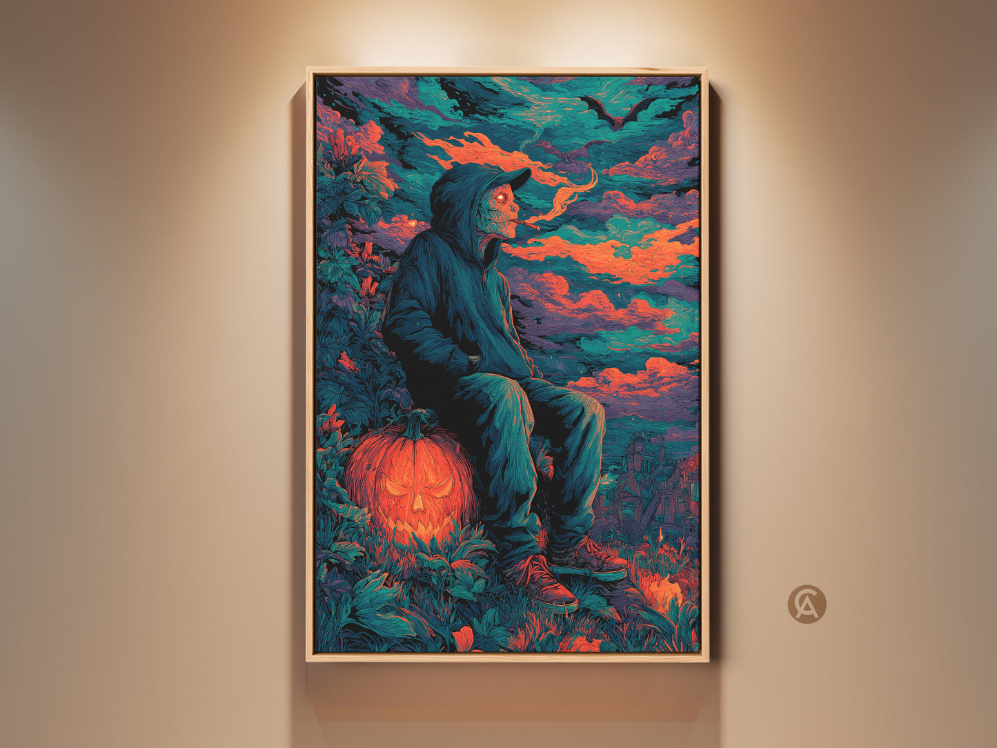 This captivating wall art features a hooded figure sitting on a jack-o'-lantern. The artwork has a moody Halloween vibe. The colors are vibrant with orange and teal tones. This unique piece is sure to add intrigue to any space.