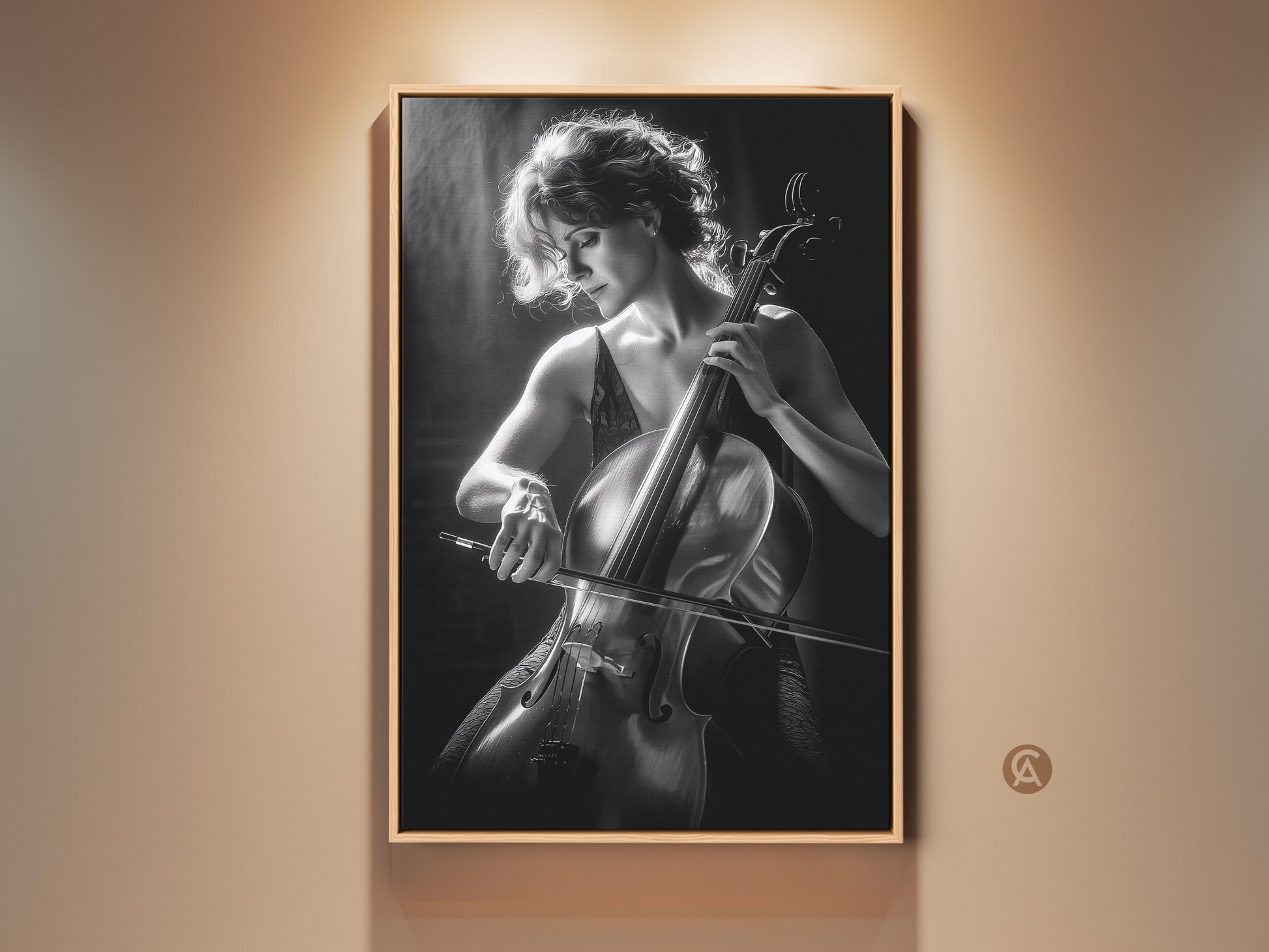 Fine art monochrome photography print showcasing a cellist. The black and white artwork adds a contemporary feel to any space. Perfect wall decor for music lovers art collectors and musicians.