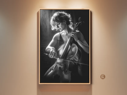 Fine art monochrome photography print showcasing a cellist. The black and white artwork adds a contemporary feel to any space. Perfect wall decor for music lovers art collectors and musicians.