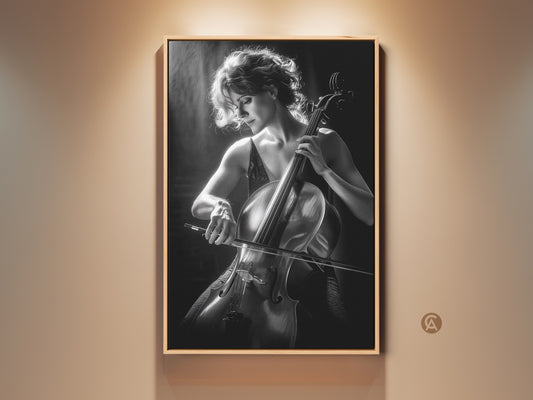 Fine art monochrome photography print showcasing a cellist. The black and white artwork adds a contemporary feel to any space. Perfect wall decor for music lovers art collectors and musicians.
