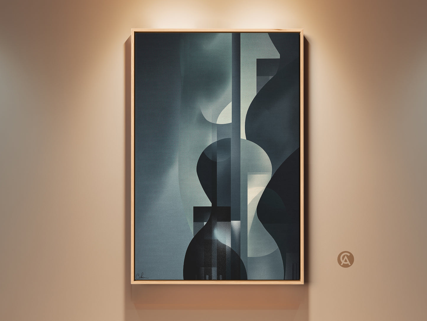 Framed geometric abstract artwork in navy gray and teal. This modern canvas art features curved forms. Ideal for sophisticated office decor or as elegant wall hanging in a contemporary home.