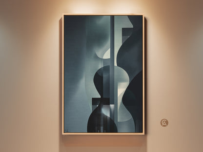 Framed geometric abstract artwork in navy gray and teal. This modern canvas art features curved forms. Ideal for sophisticated office decor or as elegant wall hanging in a contemporary home.