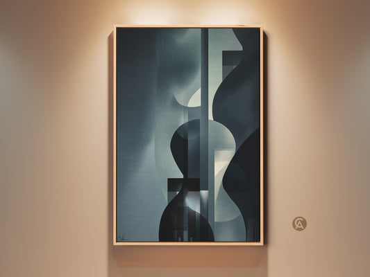 Framed geometric abstract artwork in navy gray and teal. This modern canvas art features curved forms. Ideal for sophisticated office decor or as elegant wall hanging in a contemporary home.