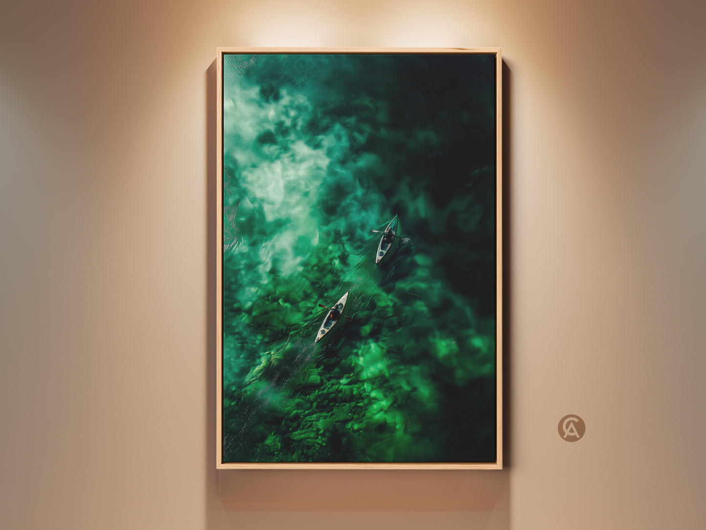 Framed aerial art capturing two canoes gliding through emerald waters. This captivating artwork brings a touch of nature's beauty to any space. The wooden frame enhances the scene's natural allure. A serene escape for your wall decor collection.