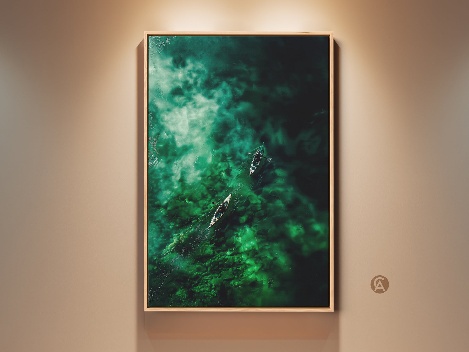 Framed aerial art capturing two canoes gliding through emerald waters. This captivating artwork brings a touch of nature's beauty to any space. The wooden frame enhances the scene's natural allure. A serene escape for your wall decor collection.