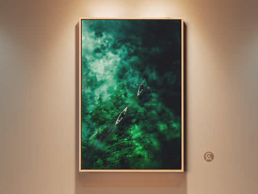 Framed aerial art capturing two canoes gliding through emerald waters. This captivating artwork brings a touch of nature's beauty to any space. The wooden frame enhances the scene's natural allure. A serene escape for your wall decor collection.