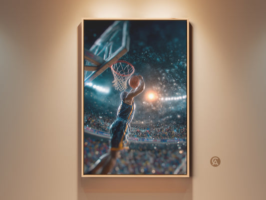 Basketball player soars for a dunk in this captivating sports art print. The artwork captures the intensity of the game. Framed in a natural wood finish it adds warmth to any room. A slam dunk for sports fans and art collectors alike. Elevate your space with this dynamic piece.