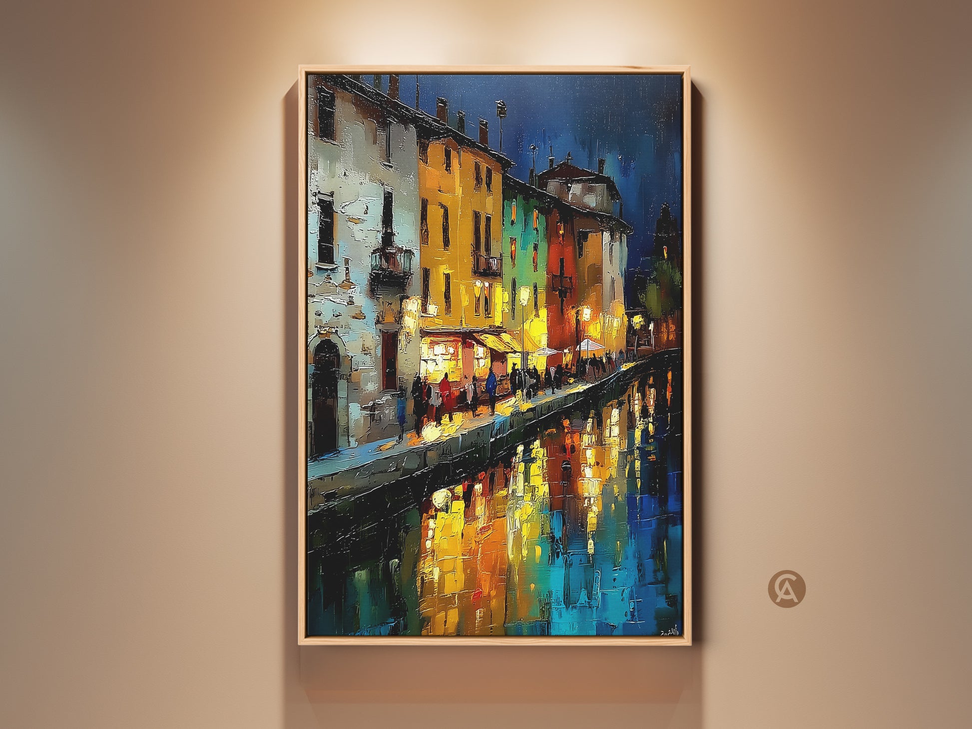 Night Cityscape Canvas Print. This stunning artwork captures a European canal house cityscape at night. Bathed in blues yellows and oranges. It's a perfect housewarming gift europe. The artwork brings a touch of eclectic charm and a sense of wanderlust to any space.