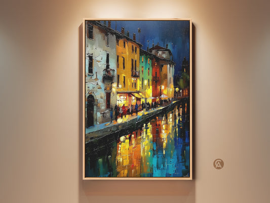 Night Cityscape Canvas Print. This stunning artwork captures a European canal house cityscape at night. Bathed in blues yellows and oranges. It's a perfect housewarming gift europe. The artwork brings a touch of eclectic charm and a sense of wanderlust to any space.