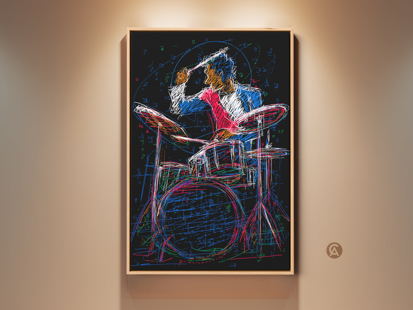 Framed abstract drummer art print displayed on a wall. The artwork features dynamic sketches in black red and blue. It creates an energetic vibe perfect for music lovers. Elevate your home with this drummer canvas art.