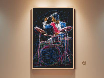Framed abstract drummer art print displayed on a wall. The artwork features dynamic sketches in black red and blue. It creates an energetic vibe perfect for music lovers. Elevate your home with this drummer canvas art.