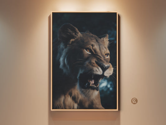 Roaring Lioness wildlife art in a wooden frame. The photorealistic animal canvas art features golden brown orange and dark blue colors. This eclectic home office gift makes a powerful statement piece.