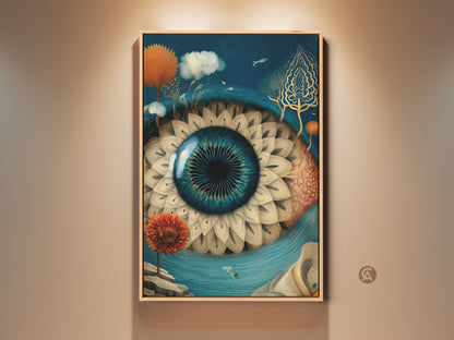 Eclectic surreal eye canvas artwork brings a unique touch to any room. The deep blue and gold wall art features a fantasy fish element. Perfect as home office decor or a thoughtful housewarming gift. This artistic eye wall hanging adds a dreamy and unique touch to your space.