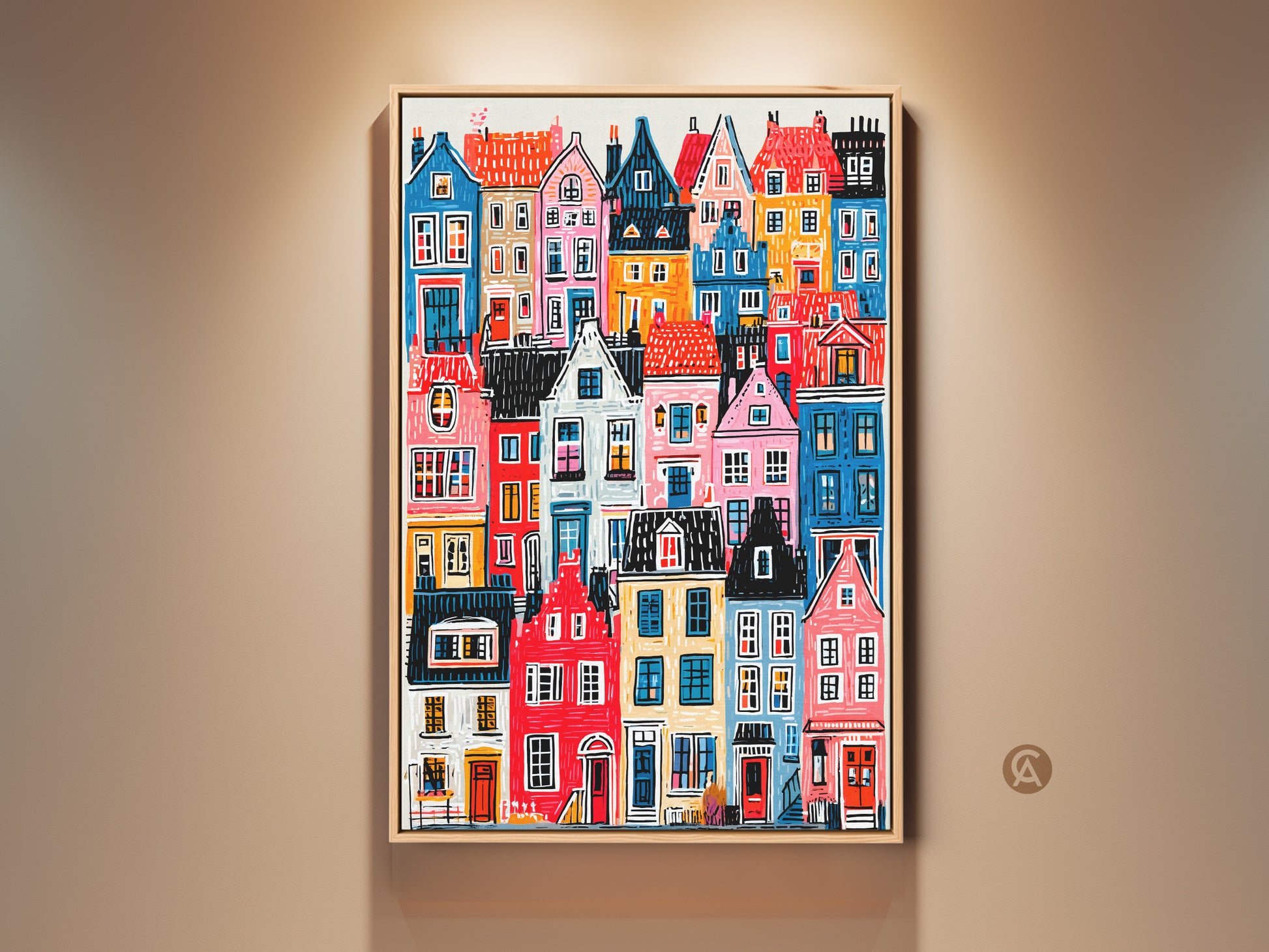 Colorful houses art on display. This painting features a vibrant cityscape. The artwork showcases a collection of buildings in various colors. Perfect wall art for adding a touch of whimsy.