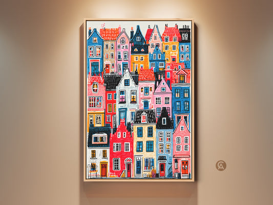 Colorful houses art on display. This painting features a vibrant cityscape. The artwork showcases a collection of buildings in various colors. Perfect wall art for adding a touch of whimsy.