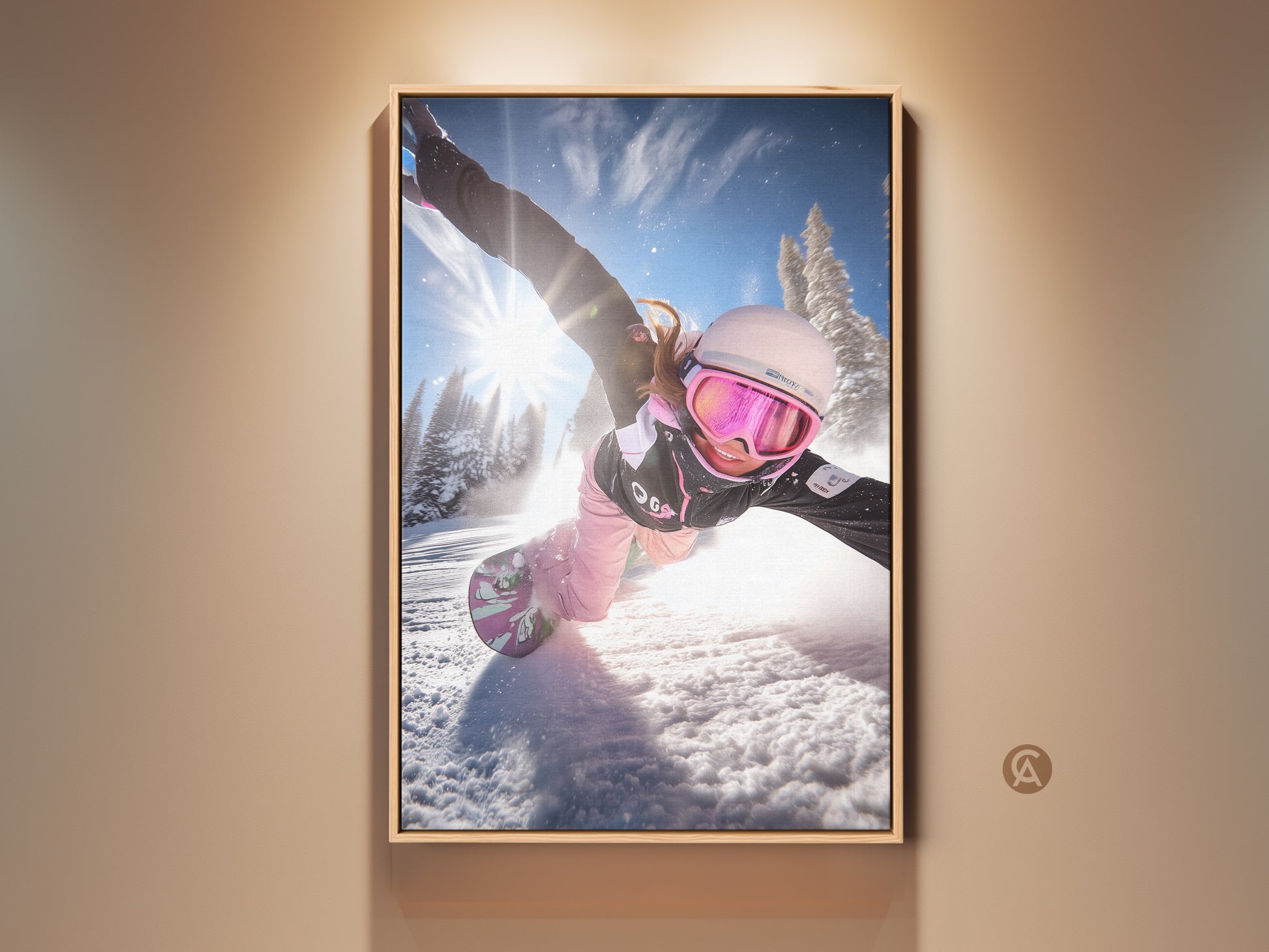 Snowboarder in action wall art. This dynamic winter sports canvas print features a snowboarder carving through snow. The blue and pink mountain decor adds a modern touch. A perfect gift for snowboarders.