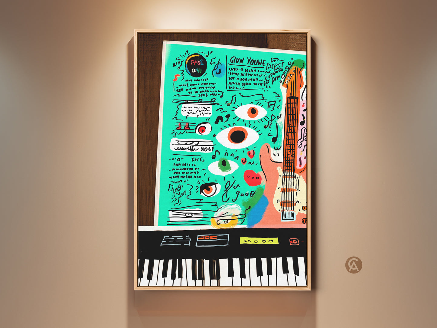 Vibrant teal orange pop art canvas print featuring a guitar and keyboard. This eclectic music artwork adds a colorful touch to any studio or music lover's space. A unique wall decor idea for a musician's birthday or creative office. Abstract musical vibes radiate from this unique instrument artwork.