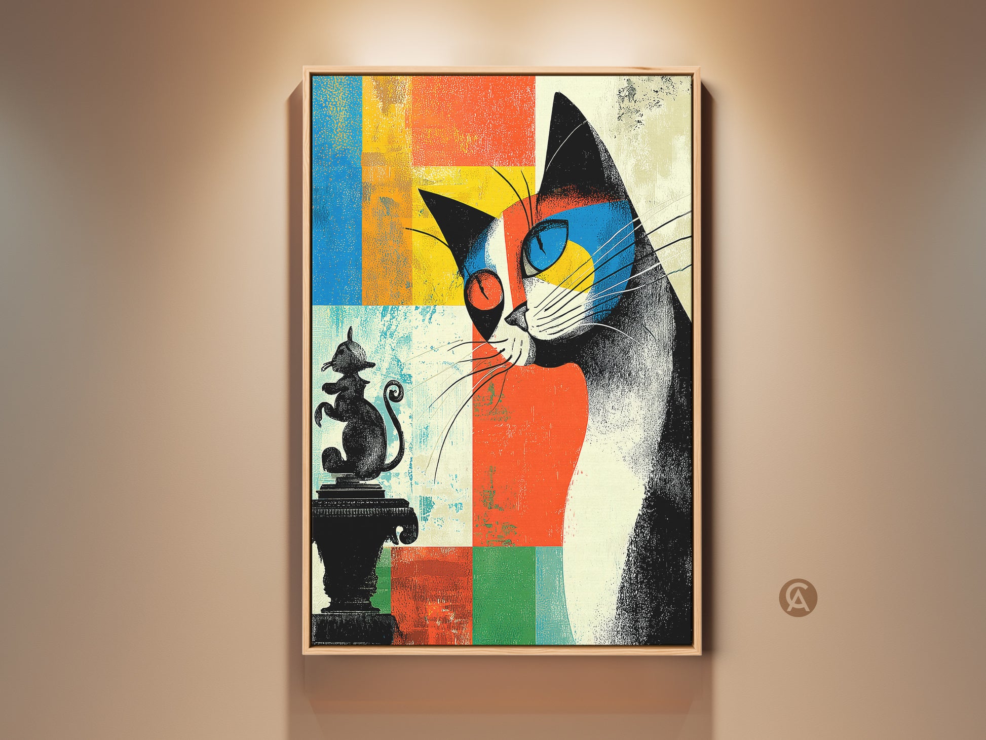 Framed abstract cat art print on a wall. The artwork features mid-century modern eclectic style. It has orange blue and yellow accents. A unique gift for cat lovers perfect for eclectic home decor.