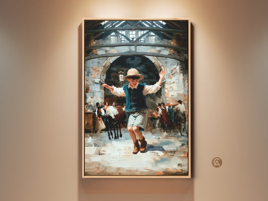 Vintage boy jumping art print. Impressionist artwork captures a boy joyfully jumping. This traditional children's decor brings a nostalgic charm to any space. Perfect as a birthday gift idea. The classic palette of blue white and brown adds warmth and character to walls.