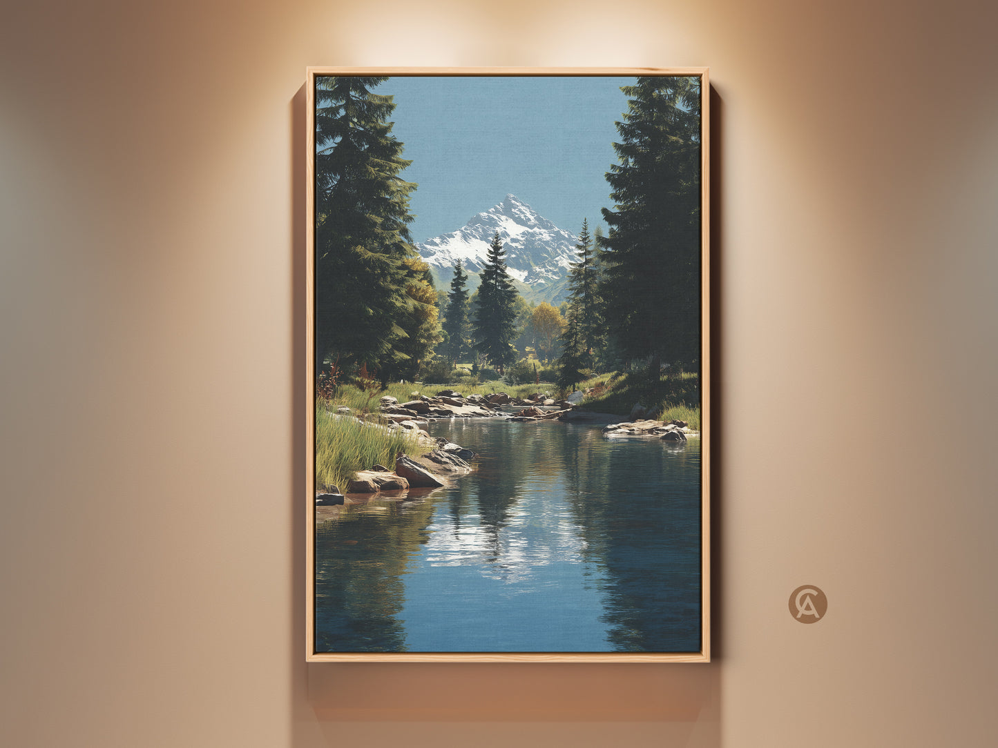 Rustic nature landscape canvas print featuring a deep blue mountain river framed by forest green pine trees. Snow-capped peaks rise in the background creating serene alpine scenery. Ideal housewarming gift for outdoor enthusiasts. Enhance your cabin style wall decor with this tranquil artwork.