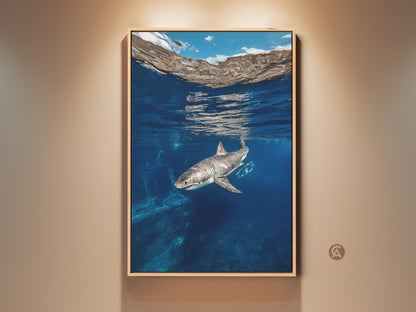 This striking contemporary art print captures a Great White Shark in its deep blue underwater habitat. The ocean wildlife canvas wall art brings marine life beauty to any coastal home. It's a perfect gift for wildlife enthusiasts adding nautical themed wall art to any space.