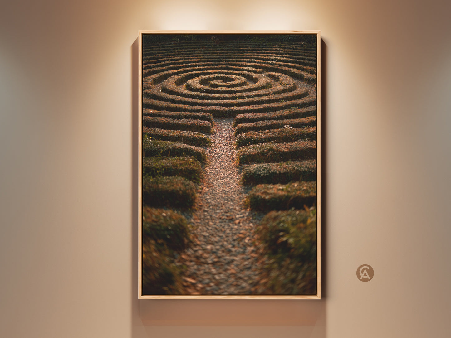 Framed nature photography art print showcases a hedge maze garden. The art is boho home decor in green yellow and brown tones. It serves as entryway art or a housewarming gift. The print captures the serene beauty of a garden labyrinth. This landscape artwork offers a unique focal point for any room.
