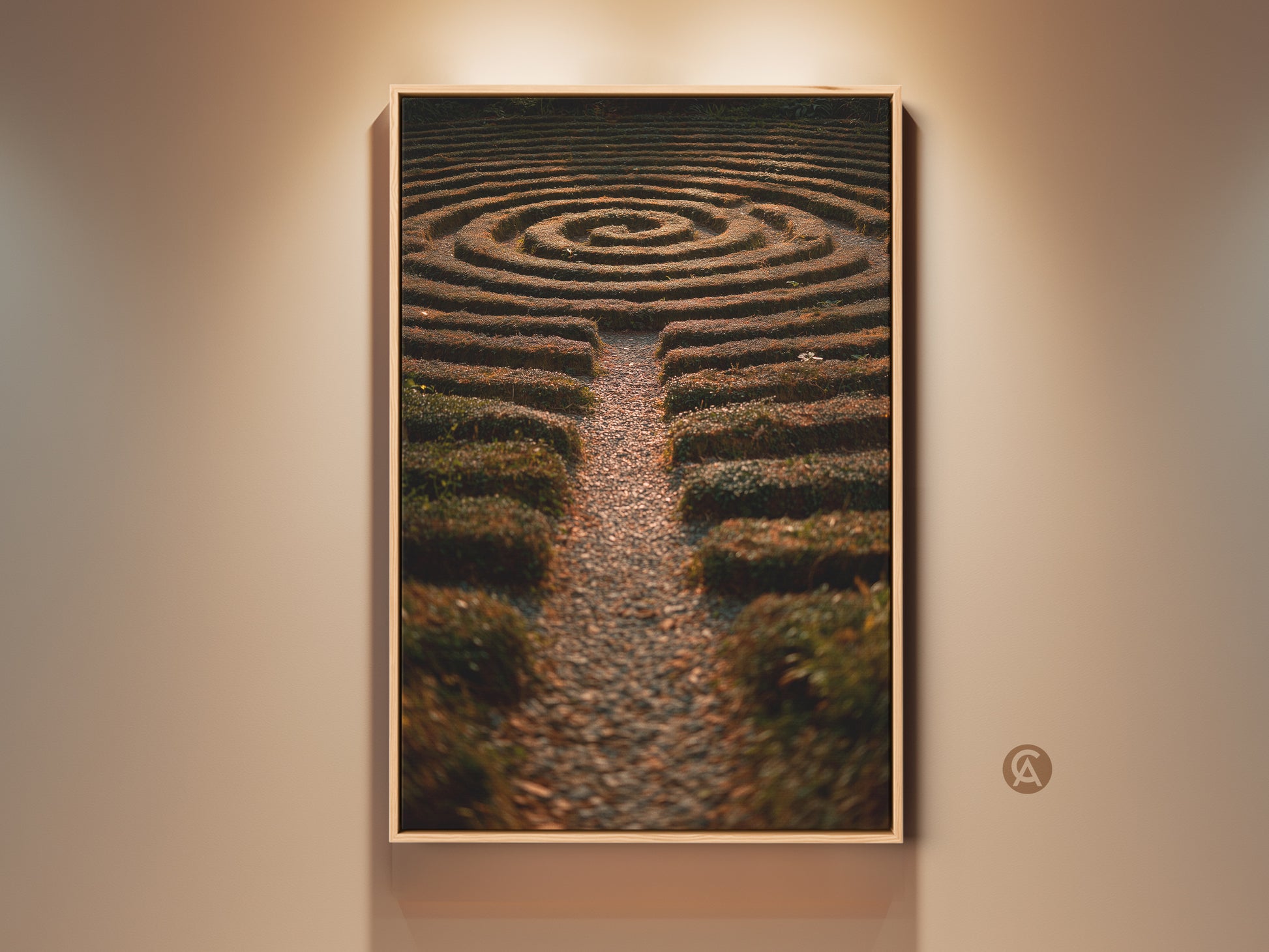 Framed nature photography art print showcases a hedge maze garden. The art is boho home decor in green yellow and brown tones. It serves as entryway art or a housewarming gift. The print captures the serene beauty of a garden labyrinth. This landscape artwork offers a unique focal point for any room.