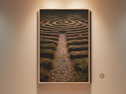 Framed nature photography art print showcases a hedge maze garden. The art is boho home decor in green yellow and brown tones. It serves as entryway art or a housewarming gift. The print captures the serene beauty of a garden labyrinth. This landscape artwork offers a unique focal point for any room.