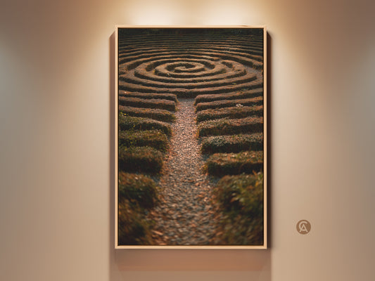 Framed nature photography art print showcases a hedge maze garden. The art is boho home decor in green yellow and brown tones. It serves as entryway art or a housewarming gift. The print captures the serene beauty of a garden labyrinth. This landscape artwork offers a unique focal point for any room.