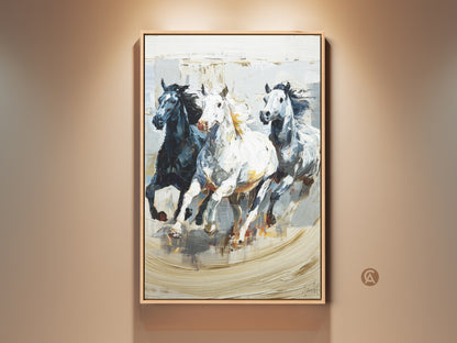 Impressionistic galloping horses canvas art print in black white and gray tones. This animal nature wall decor brings dynamic equine energy to eclectic homes. It's a unique housewarming gift for the horse lover. The modern animal artwork captures the beauty of wild horse movement. Perfect as an entryway wall hanging. It is ready to hang and admire.
