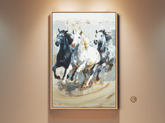 Impressionistic galloping horses canvas art print in black white and gray tones. This animal nature wall decor brings dynamic equine energy to eclectic homes. It's a unique housewarming gift for the horse lover. The modern animal artwork captures the beauty of wild horse movement. Perfect as an entryway wall hanging. It is ready to hang and admire.