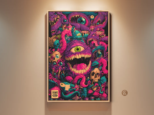 Eye-Catching Framed Artwork. A vibrant framed print featuring a monster Mashup. The art showcases skulls tentacles and eyeballs in purple pink & teal tones. Perfect for adding a unique touch to any room Available in a variety of sizes.