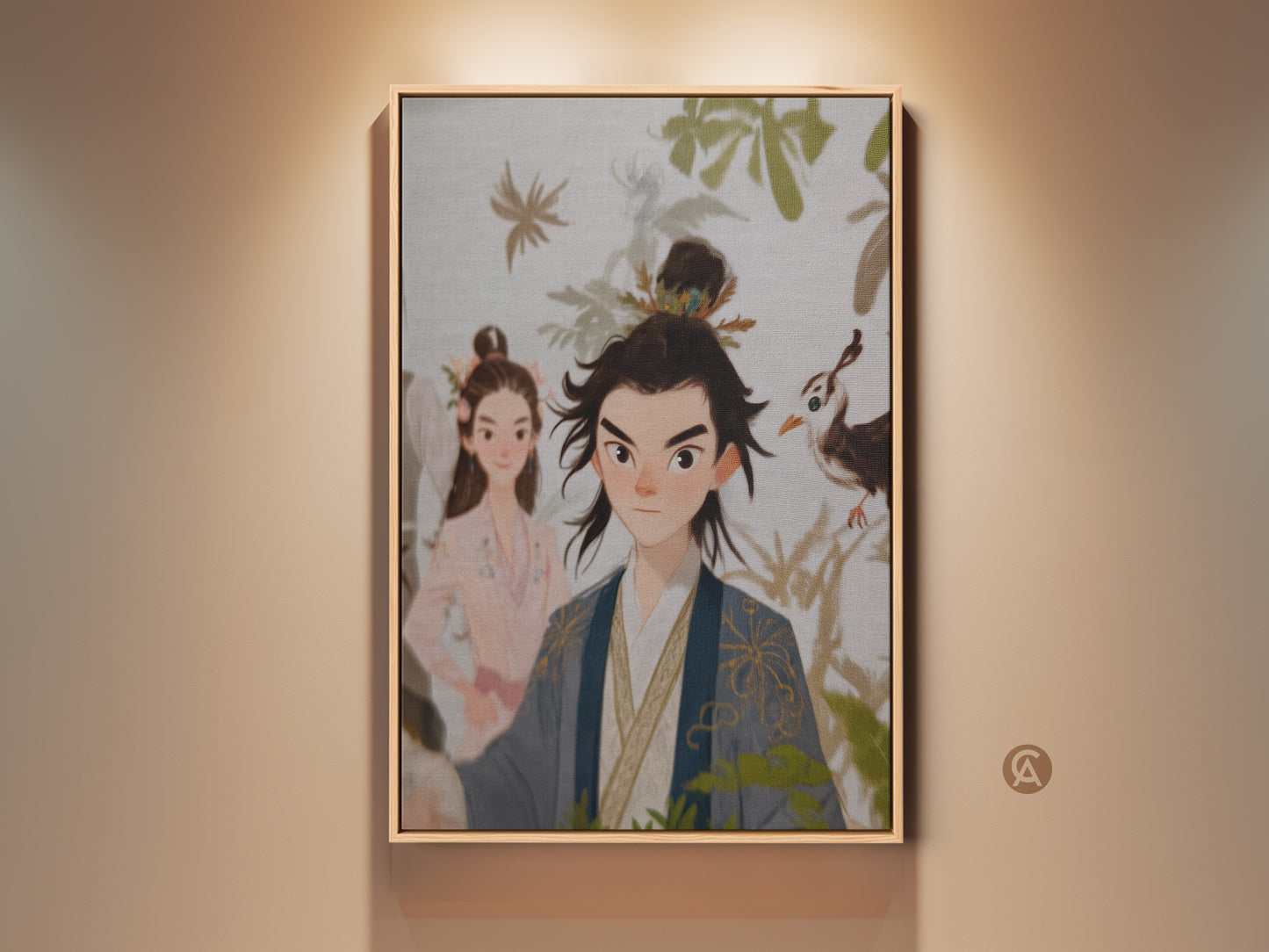 Traditional Chinese couple art print in a frame. It's an anniversary gift idea. Beige blue green eclectic wall decor with people and nature. This couple portrait wall art includes bird and person art. A unique gift idea.